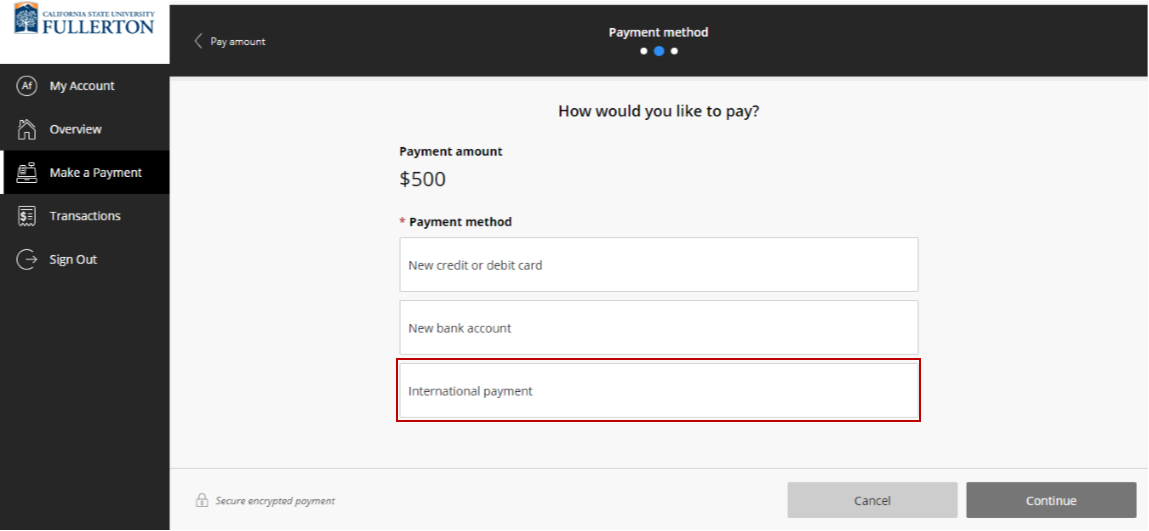 Select International Payment - Flywire on the payment portal